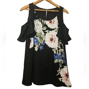 [LE CHATEAU] Black Floral Cold Shoulder Top With Flutter Sleeves